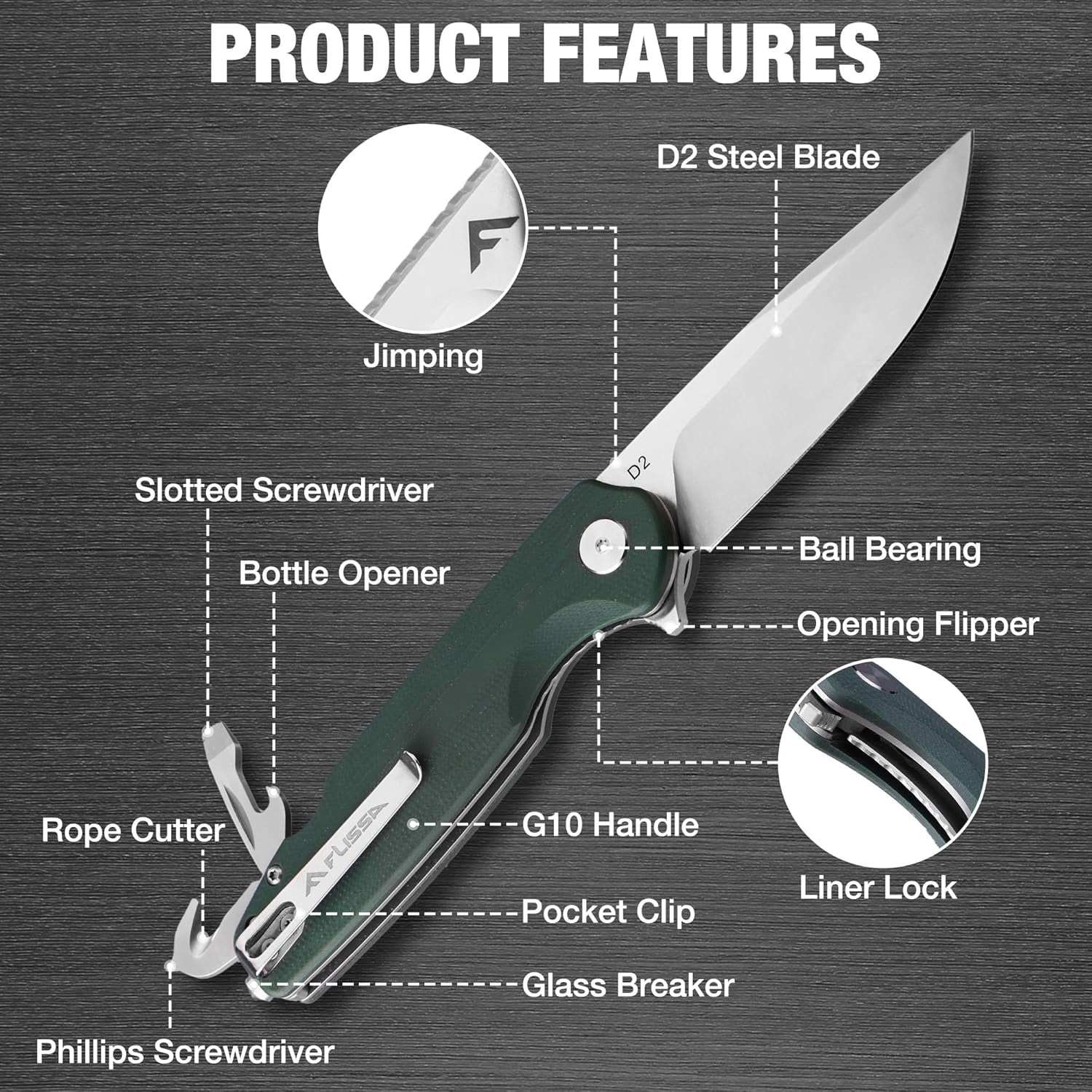 FLISSA Multitool Pocket Knife, 3.3" D2 Blade with G10 Handle, Liner Lock Folding Knife with Glass Breaker, Screwdrivers, Bottle Opener & Rope Cutter for EDC, Survival, Camping, Hiking