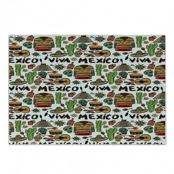 Mexican Cutting Board, Viva Mexico Native Elements Poncho Tequila Salsa and Hot Peppers Image, Decorative Tempered Glass Cutting and Serving Board, Small Size, Multicolor, by Ambesonne