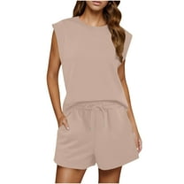 Fmbrln Womens Summer 2 Piece Sets Casual Solid Color Crew Neck Sleeveless Tank Tops and Drawstring Elastic Waist Shorts Sets Lounge Sets Khaki L