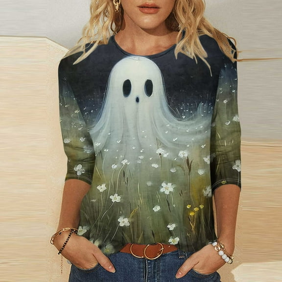 VKOYWKM Ghost Tops Women Halloween 3/4 Sleeve T-Shirts Halloween Spooky Print Crew Neck Pullover Tees Loose Fit Comfy Fall Tunic Tops Halloween Costumes