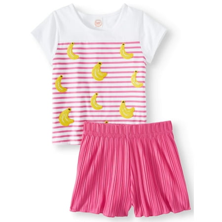 2 Piece Pleats Suit - Tropical Fruit Tee and Pleated Short, 2-Piece Outfit Set (Little Girls, Big Girls & Plus)