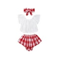 thumbnail image 1 of xiaxaixu Girls Sets Off Shoulder Top + Print Triangle Shorts + Bow Hairband, 1 of 5