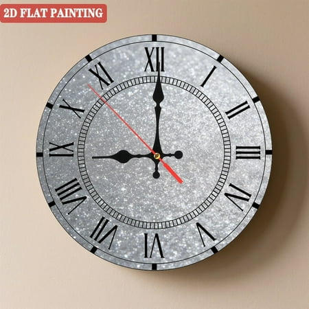Wooden Wall Clock with Silver Glitter Texture Background, Silent Movement, Battery Operated (AA Batteries Not Included), Artistic Home Decor, 10×10inch (25×25cm)