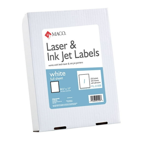 MACO Laser/Ink Jet White Full Sheet Labels, 8-1/2 x 11 Inches, 1 Per Sheet, 250 Per Box (ML-0100B)