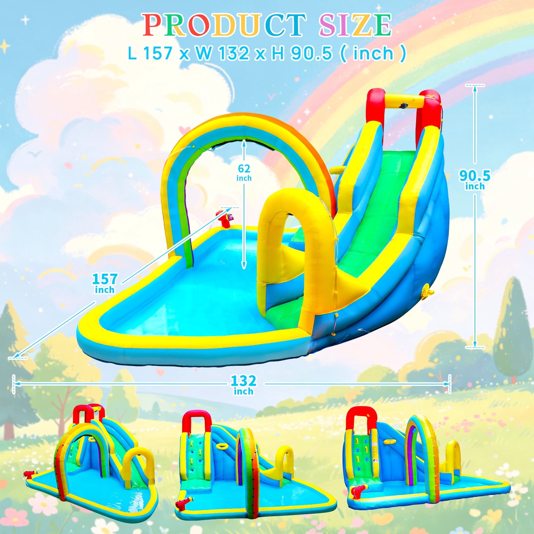 WELLFUNTIME Inflatable Water Slide Park with Blower, Bounce House for Kids with Splash Pool and Rainbow Sprinkler