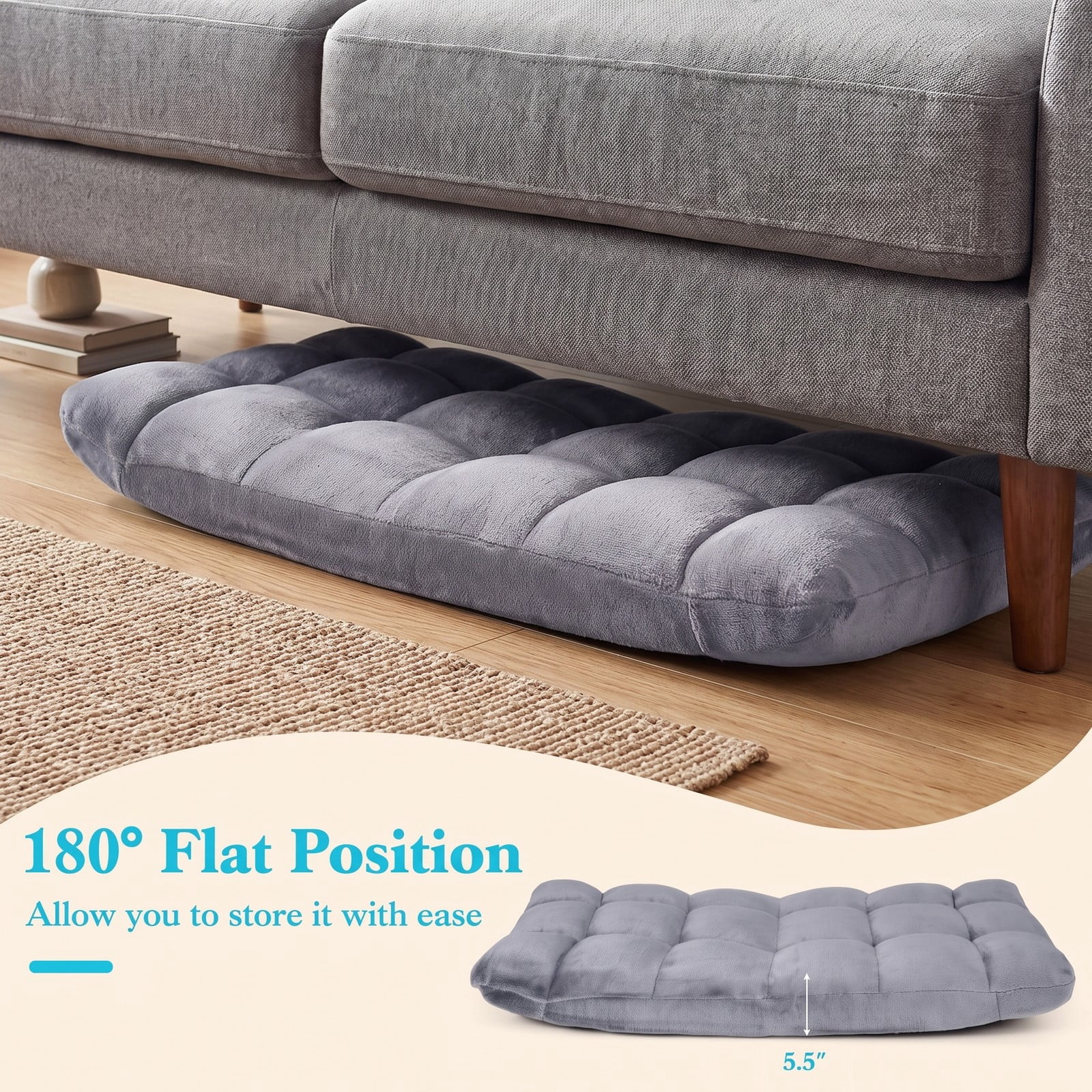 Furnibear 14-Position Adjustable Cushioned Floor Chair, Padded Folding Lazy Sofa Gaming Chair with Steel Frame Back Support for Living Room Bedroom Reading, Light Gray