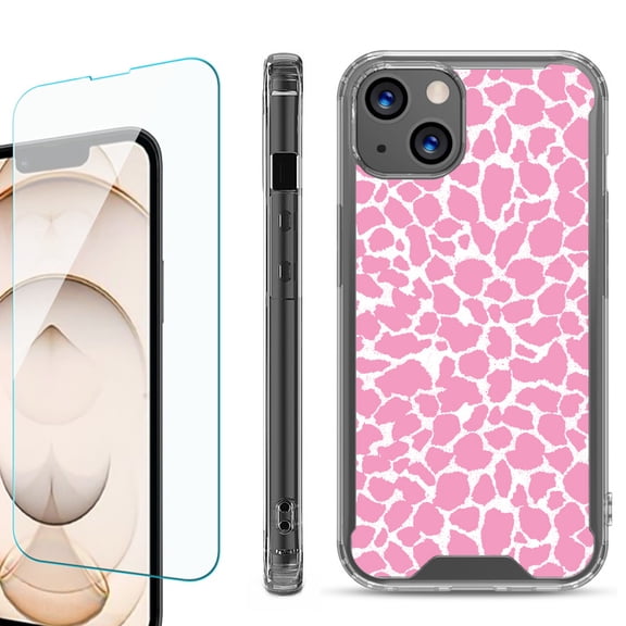 Shockproof Bumper Phone Case for iPhone 13, with Tempered Glass Screen Protector, by OneToughShield ® - Giraffe/Pink