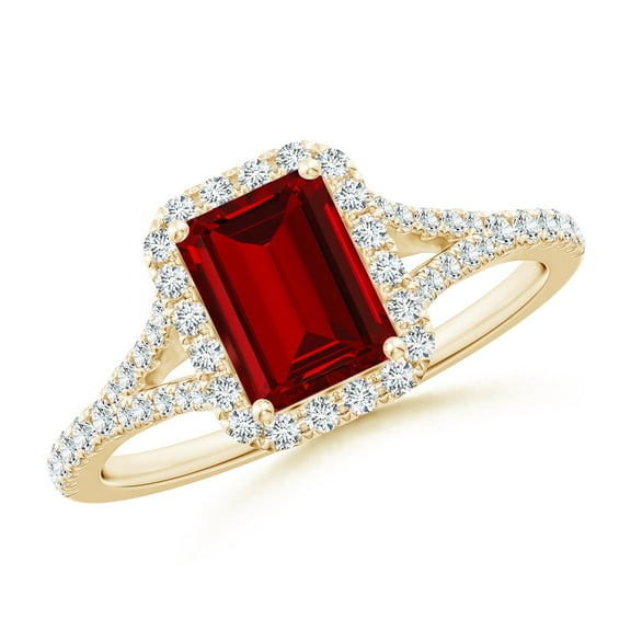 ANGARA Lab Grown 1 Ct Emerald-Cut Ruby Halo Split Shank Engagement Ring for Women in 14K Yellow Gold (Size-7x5mm) | July Birthstone, Anniversary, Jewelry Gift for Women | Lab-Grown Ruby Ring