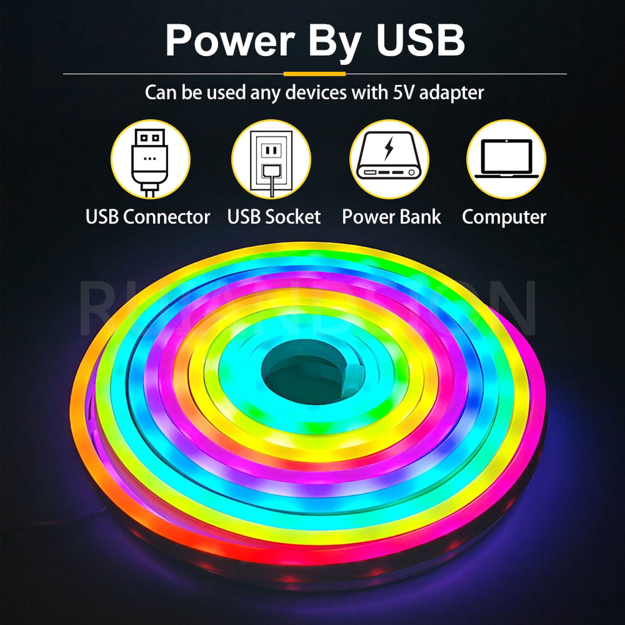 Ruiandsion RGBIC 32.8ft LED Neon Strip Lights, DC 5V USB Bluetooth and App Remote, Flexible DIY Design for Game Room Bedroom, 1-Pack