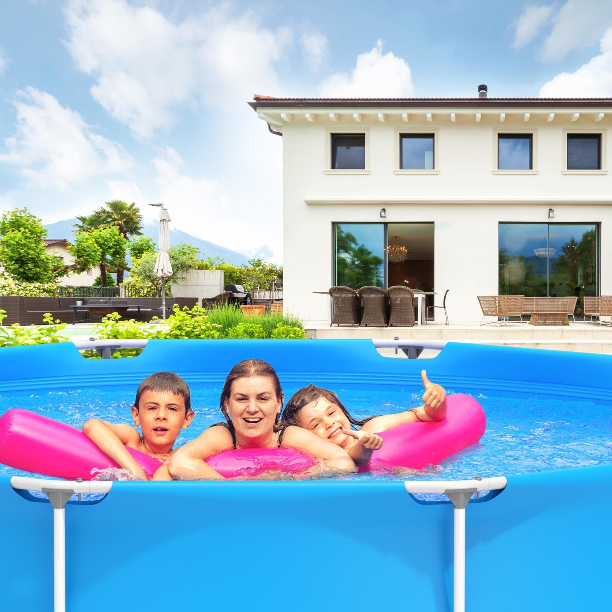 11.8 ft Round Above Ground Swimming Pool with Pool Cover, 3 Layer PVC Sidewall Metal Frame Pool for Backyard, Outdoor Family Pool for 3-4 People, Blue