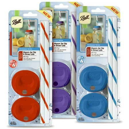Sip Straw - Ball Wide Mouth Sip & Straw Lids, Assorted Colors,Includes 4 caps and 4 straws