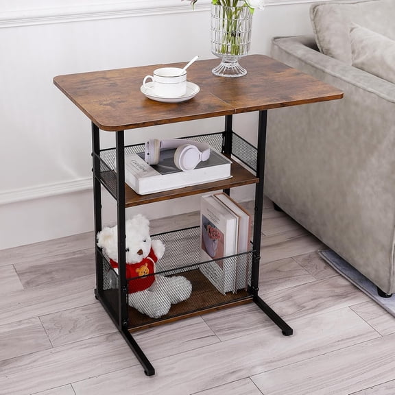C Shaped End Table with Storage Shelf Basket, Small Couch Table with Wheels for Sofa Recliner Bedside, Rustic Brown Side Tables with Extended Desktop for Living Room, Bedroom, Home,Office