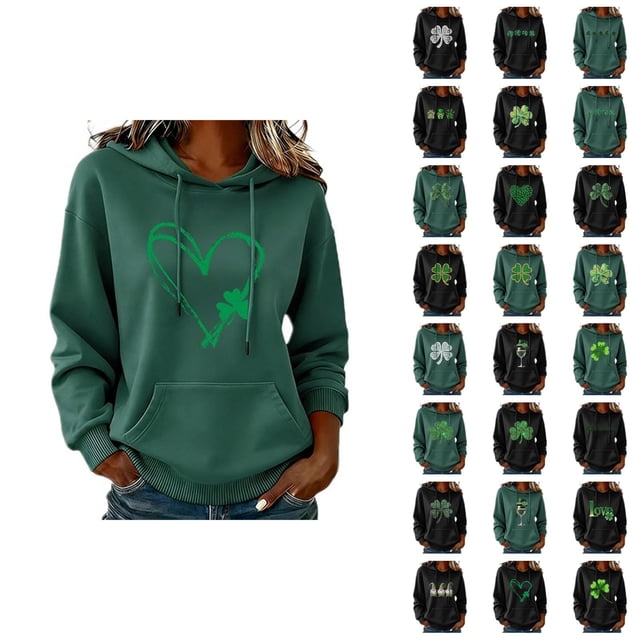 Chandails à Capuchon pour Femmes de la Saint-Patrick 2026 à Manches Longues avec Graphique de Trèfle et Poches