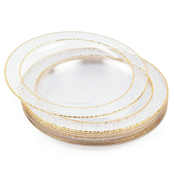 Matana 20-Pack 10.25 Inch Clear Plastic Party Plates with Hammered Gold Rim - Premium Heavy Duty Dinner Plates for Events