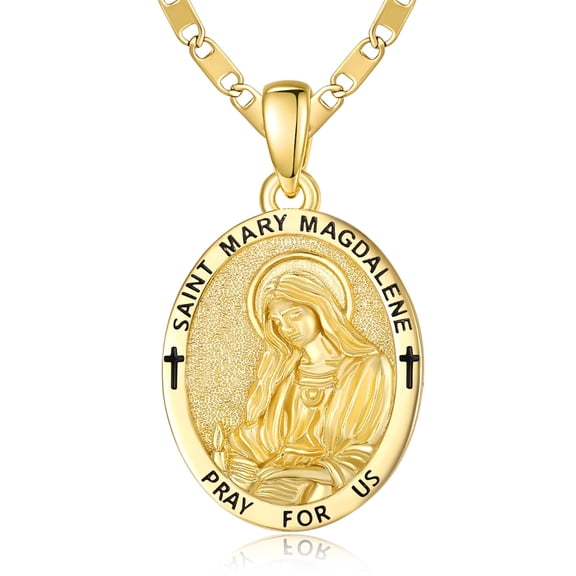TANGPOET TANGPOET Gold Plated Oval St Mary Magdalene Medal Pendant Necklace for Men Women, Engraved Religious Portrait Medallion