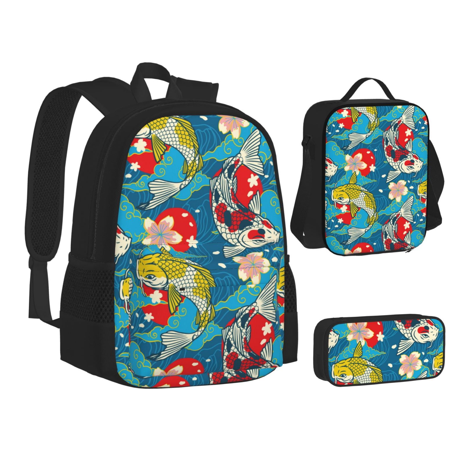 Naloa Japanese Koi Print Large Capacity Backpack Lunch Bag Pencil Case Combination 3 Piece Set for Student