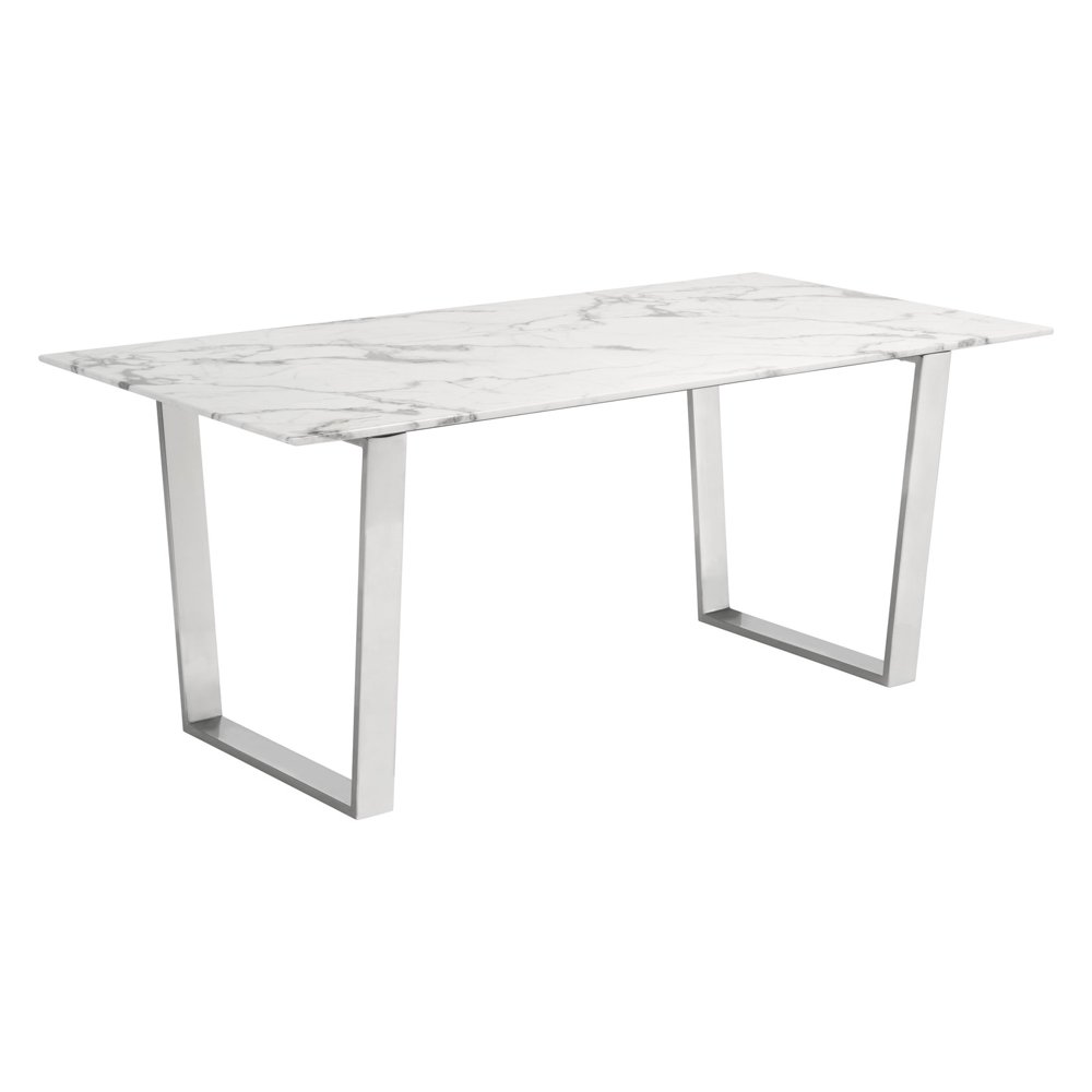 Modern Contemporary Urban Kitchen Room Dining Table, White Faux Marble Stainless Steel