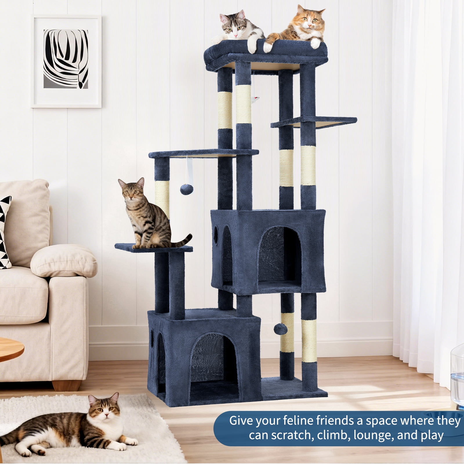 Babevy 61" Maine Coon Cat Tree, Heavy-Duty Tower with Extra-Large Perch, 2 Condos & 7 Sisal Scratching Posts for Large Indoor Cats