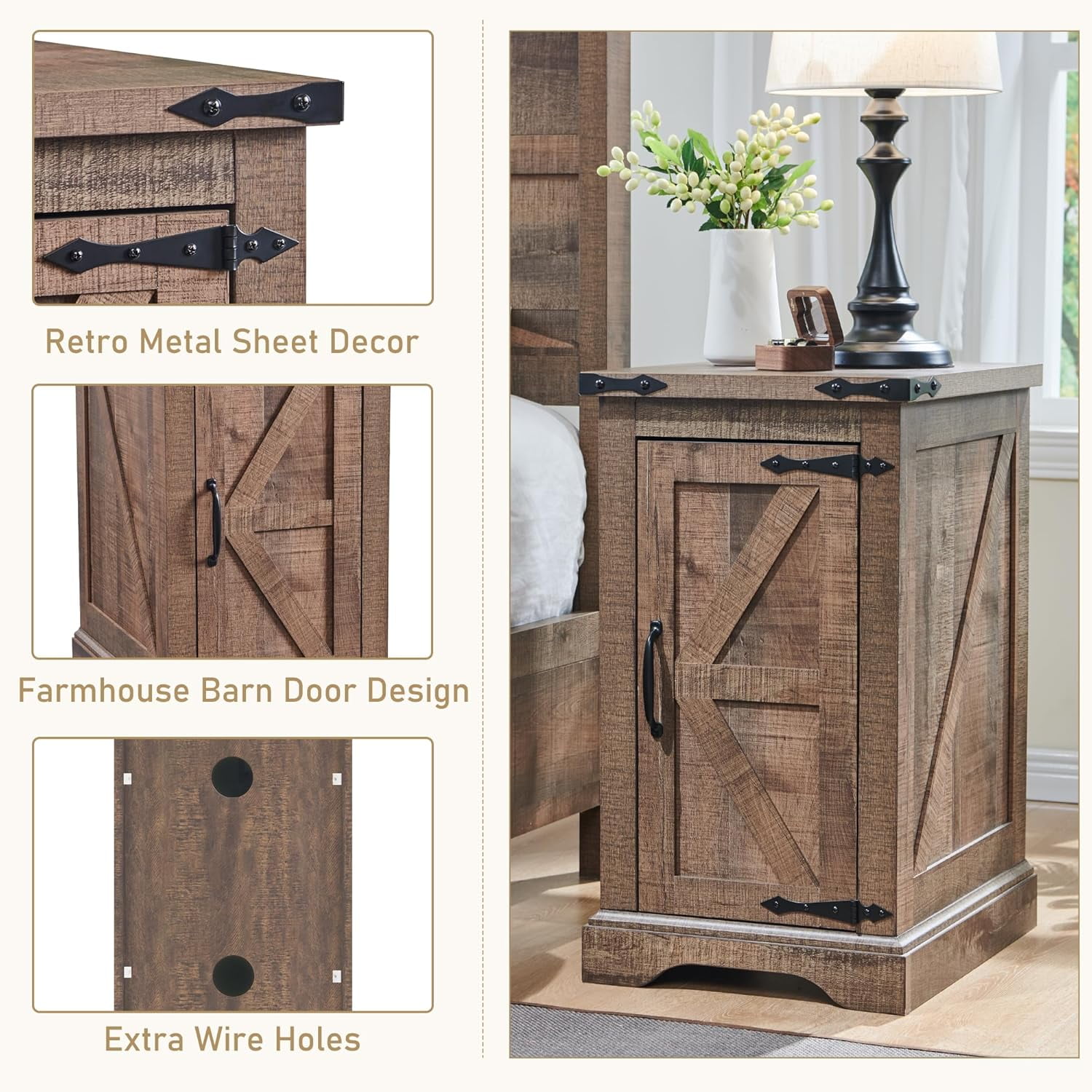 T4TREAM Farmhouse Nightstand with Charging Station, Wood End Table, Light Brown