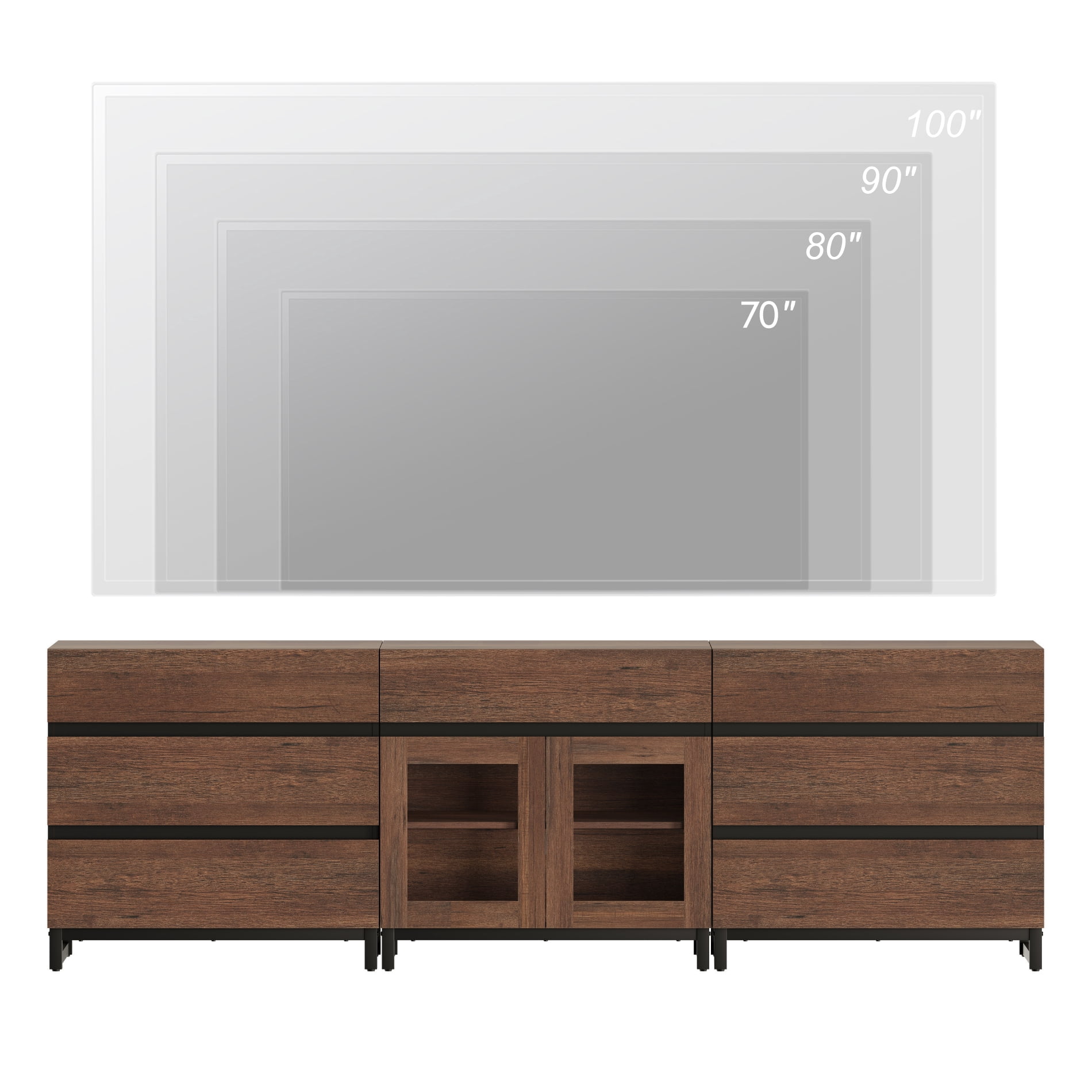Modern TV Stand For Tvs Up To 100 Inch, 3 In 1 TV Console With Glass Doors And 7 Drawers, Media Console With Adjustable Shelf For Living Room, Bedroom,Brown