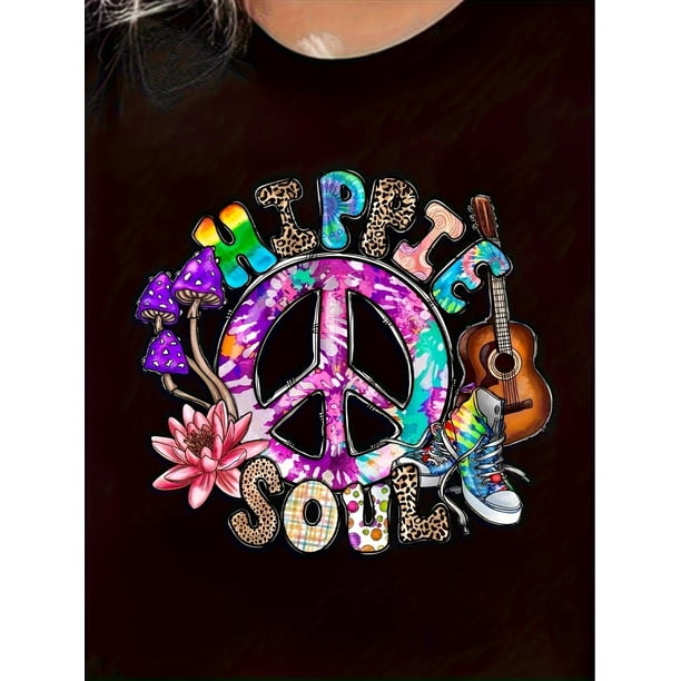 Camiseta de Mujer de Verano BásicaWomen's Fashion Peace Sign Guitar SOUL Printed T-Shirt, Simple Casual Crew Neck Comfortable T-Shirt, Women's Casual Sports Outdoor T-ShirtFather's Day, Mother's Day
