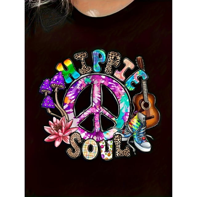 Camiseta de Mujer de Verano BásicaWomen's Fashion Peace Sign Guitar SOUL Printed T-Shirt, Simple Casual Crew Neck Comfortable T-Shirt, Women's Casual Sports Outdoor T-ShirtFather's Day, Mother's Day