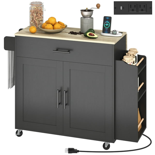 CoSoTower Kitchen Island with Storage, Rolling Kitchen Cart with Foldable Drop Leaf, Power Outlet and USB Ports, Black
