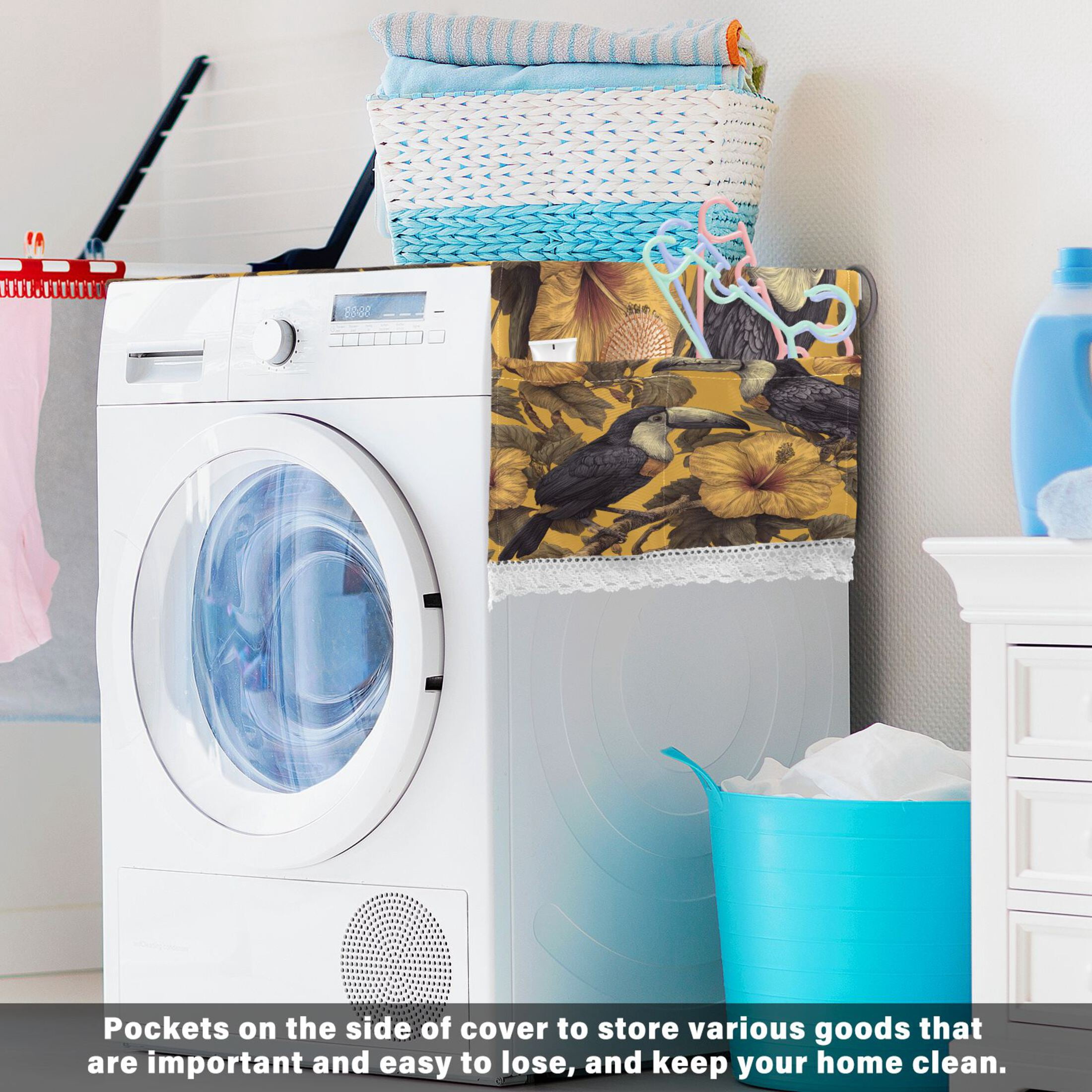 Wobogo Toucan and Hibiscus Washing Machine Cover Dustproof Washer Dryer Cover Waterproof Laundry Room Decorative Protector