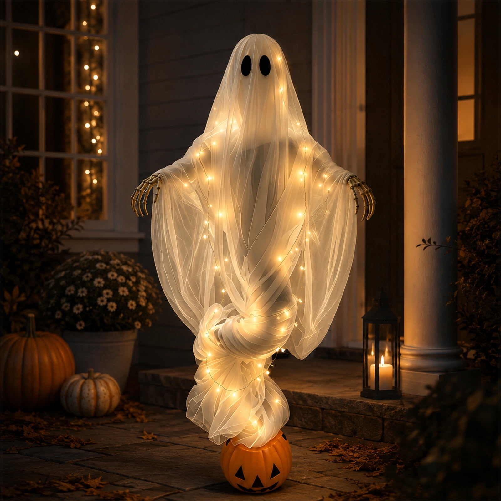Swirling Ghost Pumpkin Yard Lamp, Halloween Yard Sculpture LED Glowing Floating Ghost Pumpkin Light, Halloween Outdoor Lawn Front Entrance Decor