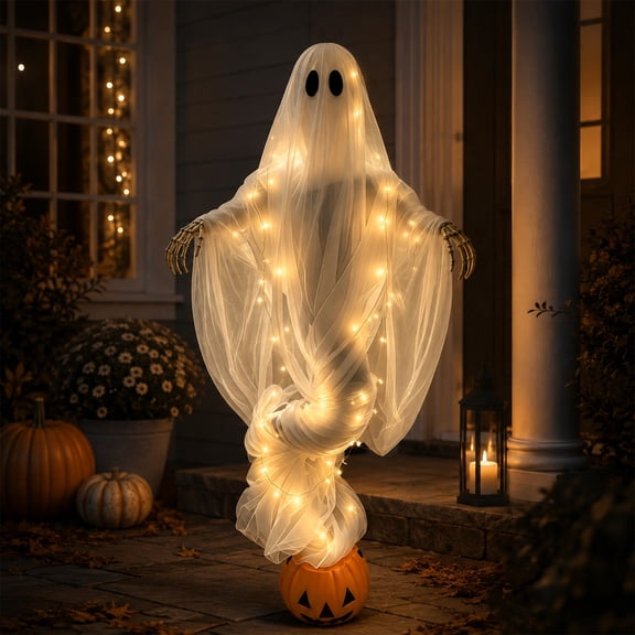 Swirling Ghost Pumpkin Yard Lamp, LED Halloween Floor Garden Light | Lighted Outdoor Ghost Pumpkin Decor for Porch Patio Lawn Entryway, Spooky Halloween Yard Display