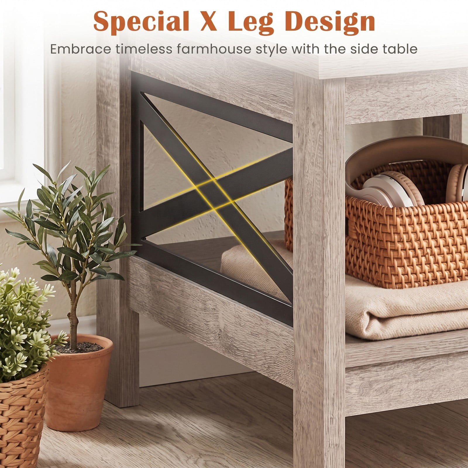 Furnibear 2-Tier Square Side End Table with Storage Shelf and X-Frame, Farmhouse Wood Accent Nightstand Sofa Table for Living Room Bedroom, 220 lbs Capacity, Rustic Oak