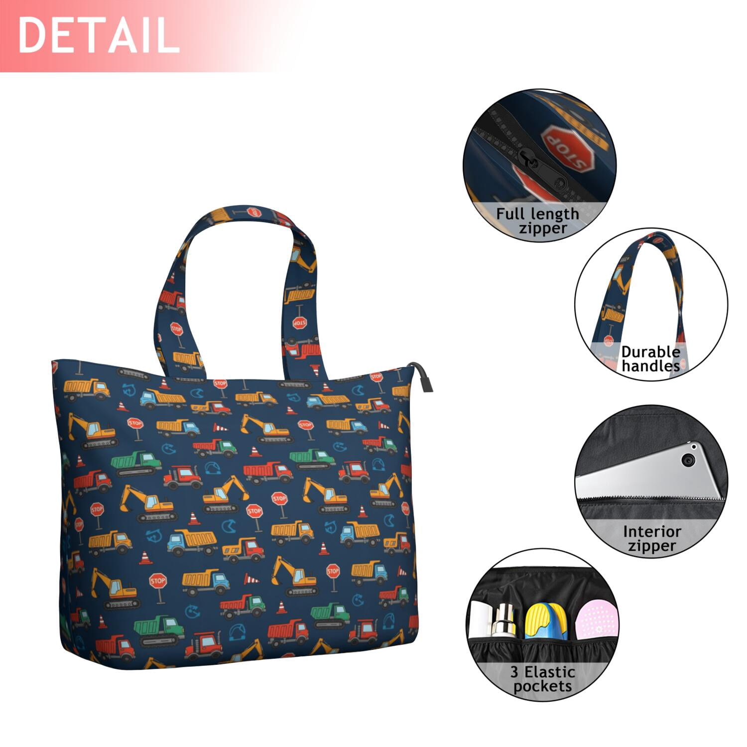 Cartoon Construction Vehicles Traffic Signs Travel Tote Bags for Women Carry On,Large Weekender Bags for Women Travel,Multi Functional Duffle Bag for Work,Shopping,Sports