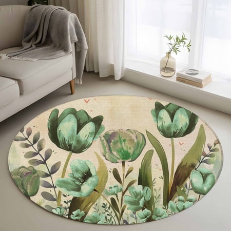 Green Spring Floral Round Area Rug 3 FT Small Kitchen Bathroom Mats Summer Botanical Tulip Vintage Washable Indoor Outdoor Throw Runner Carpet Non-Shedding Doormat for Table Shower Sofa Entryway