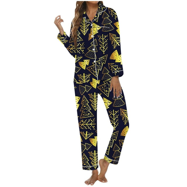 OJinShaWanO Pajamas Shorts Women's Christmas Tree Pattern Loose Long Sleeve Pajama Set