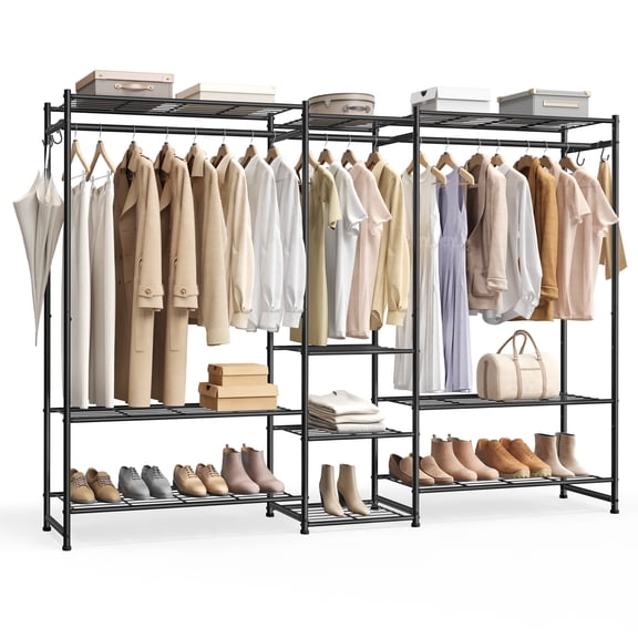 SONGMICS Portable Closet Wardrobe, Heavy-Duty Clothes Rack, Freestanding Clothing Rack with 10 Shelves, 3 Hanging Rods, 4 S‑Hooks, Metal Frame, Black