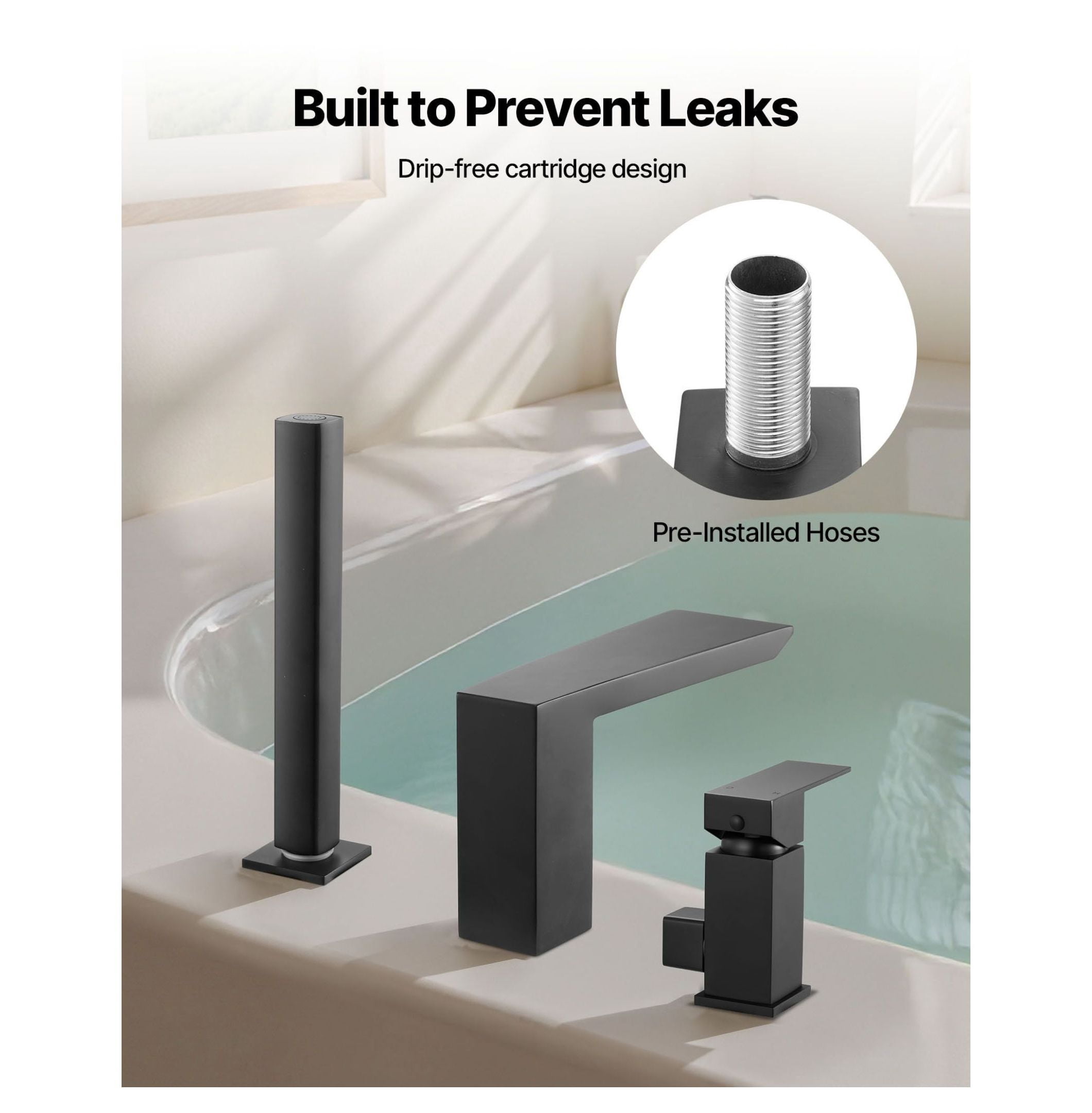 Roman Tub Faucet 3 Hole, Waterfall Bathtub Faucet with Shower, Matte Black Tub Spout, Stainless Steel Roman Faucets for Bath, Pet Washing, Adult Bathing
