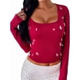 thumbnail image 2 of Chemises à Manches Longues pour Femmes Crop Tops Mode Automne Col Carré Sorties Basiques Tees Vêtements Y2k Rouge Vin P, 2 of 7