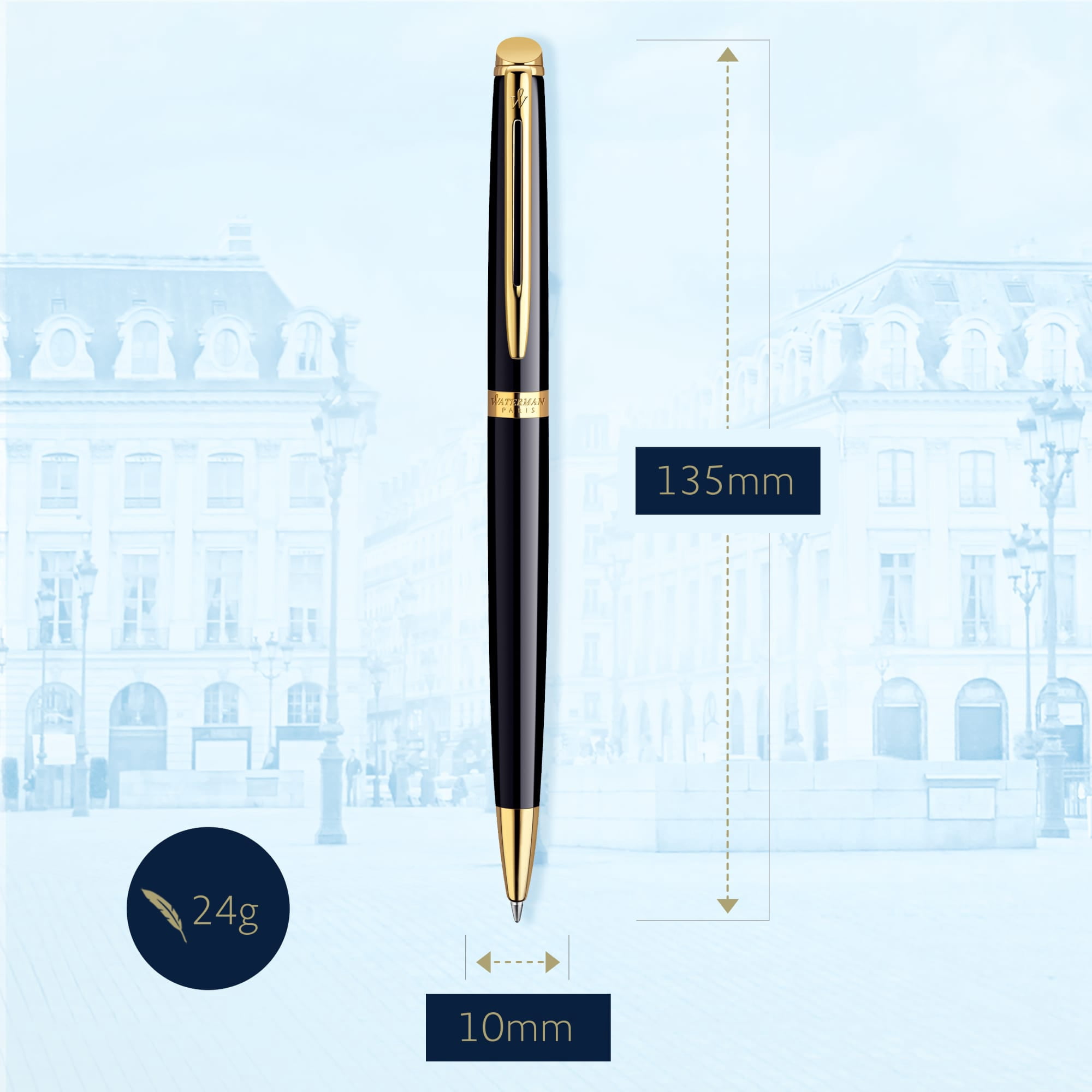 Waterman Hemisphere Ballpoint Pen | Gloss Black with 23k Gold Trim | Medium Point | Blue Ink | Gift Box
