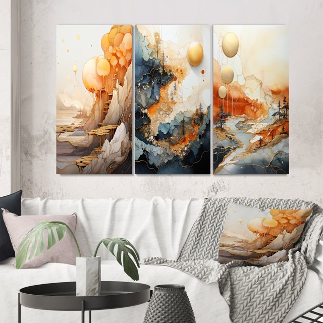 Designart "Abstract Mountain Landscape Illuminated by Full Moon I" Abstract Landscape Wall Art Set Of 3 - Abstract Landscapes Gold Gallery Wall Set For Home Decor