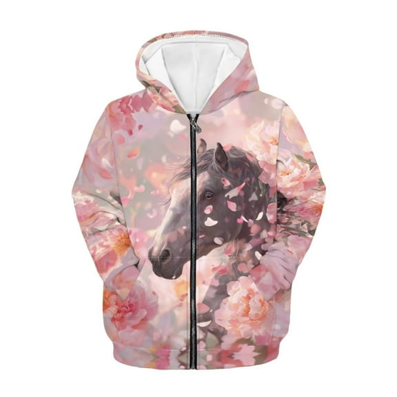 Chririnla Romantic Flower Horse Zip Up Hoodie with Pockets Long Sleeve Lightweight Comfy Casual Outerwear for Girls Teens Size 6-9