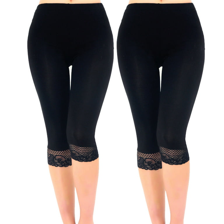 LiangRou Women's Ultra Thin Stretch Cropped Leggings Black Lace Trim 2-Pack  XS 