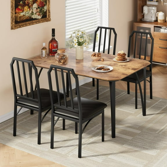 Dining Table Set for 4, Kitchen Table and Chairs for 4 with with Chamfer Design, 5 Piece Dining Room Table Set with Cushion Seats for Small, Home Kitchen, Apartment-Rustic Brown