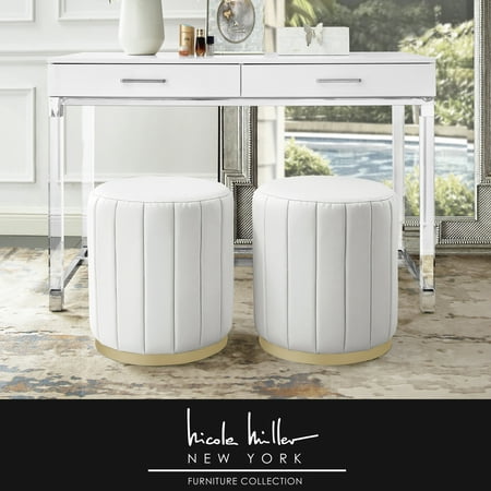 Pink Leather Furniture Ridge White/Gold Leather Ottoman - Upholstered | Channel Tufted | Matte Finish Metal Base ()