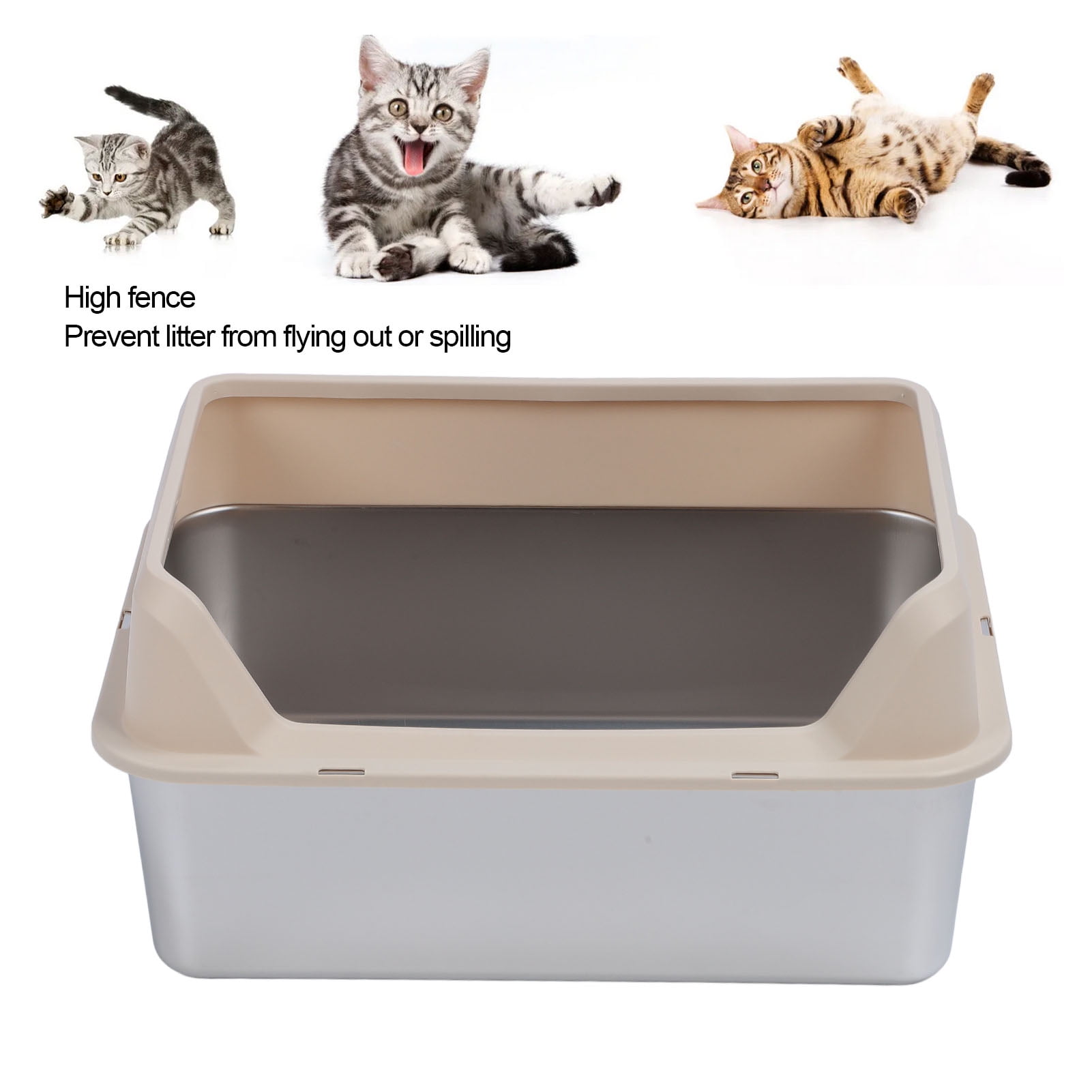 YAHHU Stainless Steel Cat Litter Box Anti Splashing Top Entry Large Kitty Pan with Scoop, High Sided Metal Potty Tray for Big Cats, 20.08 inches / 51 cm, Khaki