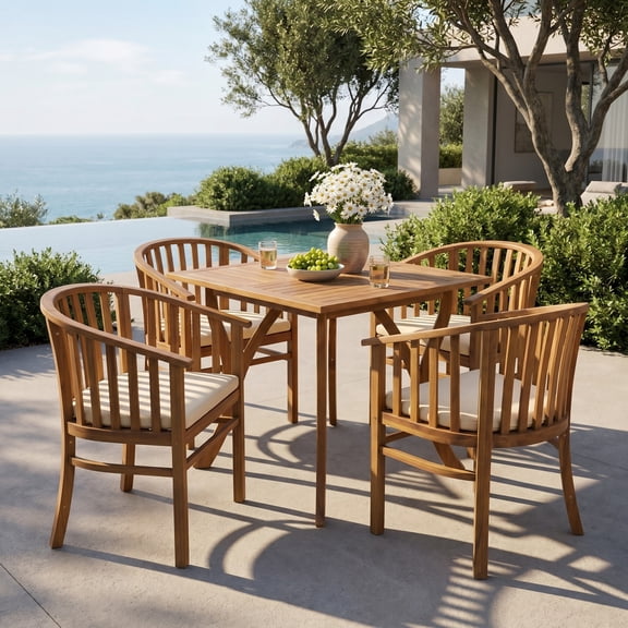 Christopher Knight Home 5-Piece Wood Patio Dining Set, Square Table & Chairs with Cushions, Teak Cream