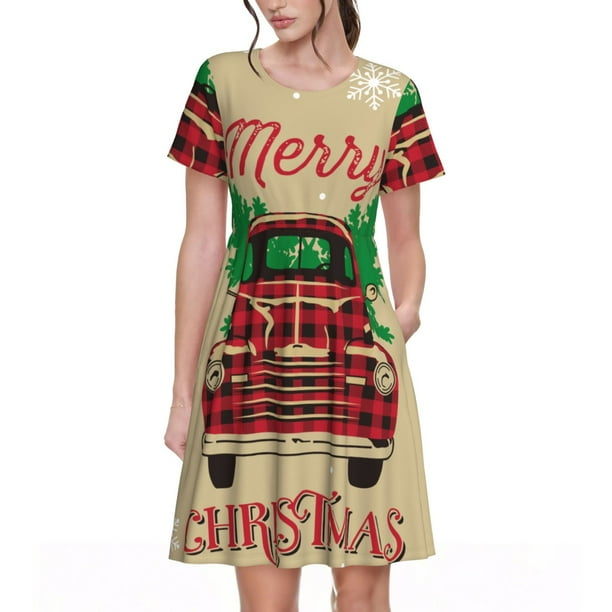 Easygdp Christmas Vintage Red Truck para Vestido Transpirable de Mujer, Vestido Suelto de Manga Corta con Pliegues y Bolsillos para el Verano