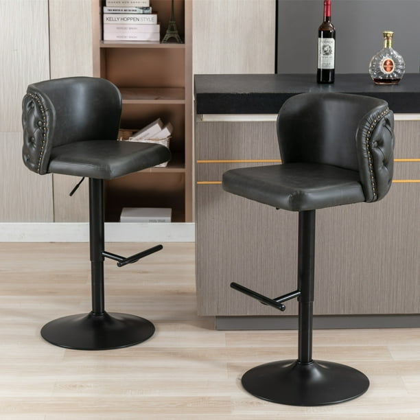 Swivel Bar Stools Set of 2 25 33 Inch Adjustable Counter Height Barstools with Tufted Back Nailheads Trim and Gold Footrest Modern PU Upholstered Bar Chairs for Home Kitchen Island Dark Gray