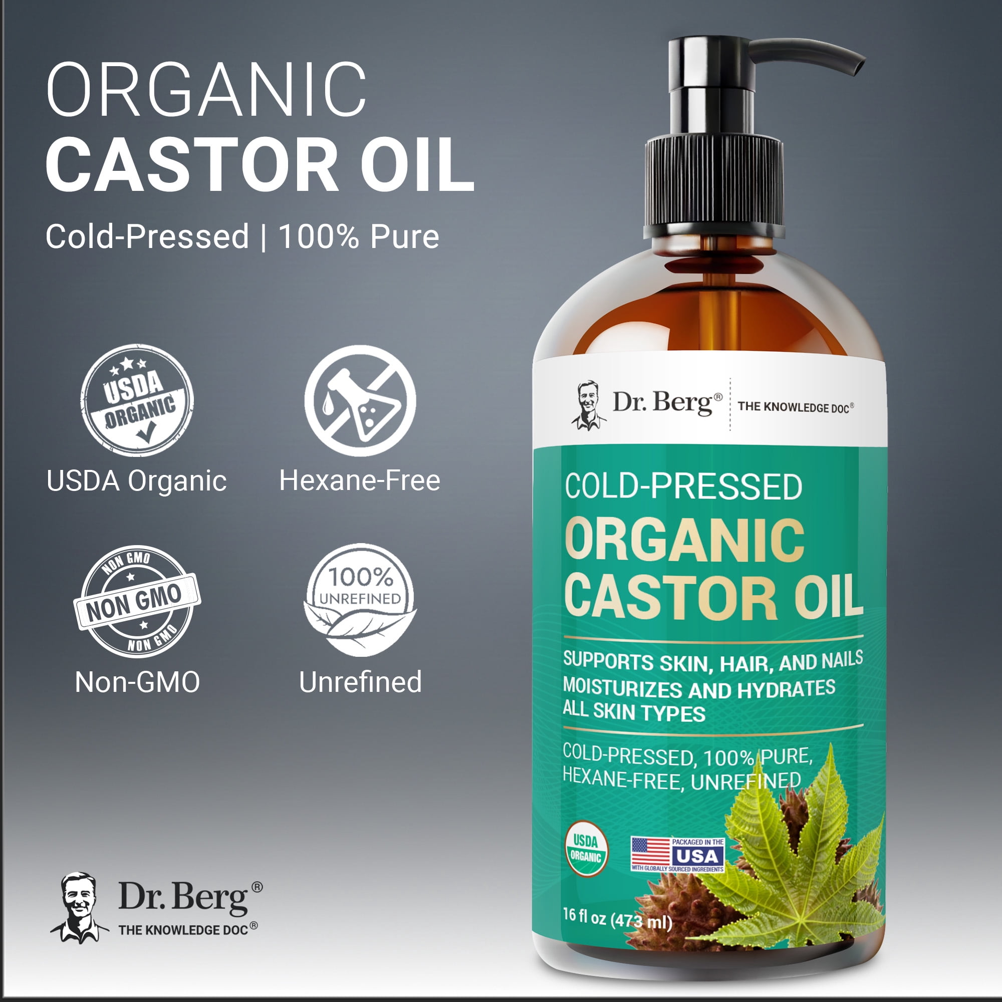Dr. Berg Organic Castor Oil – Cold-Pressed & Unrefined, 100% Pure, Hexane-Free, USDA Organic – 16 fl oz