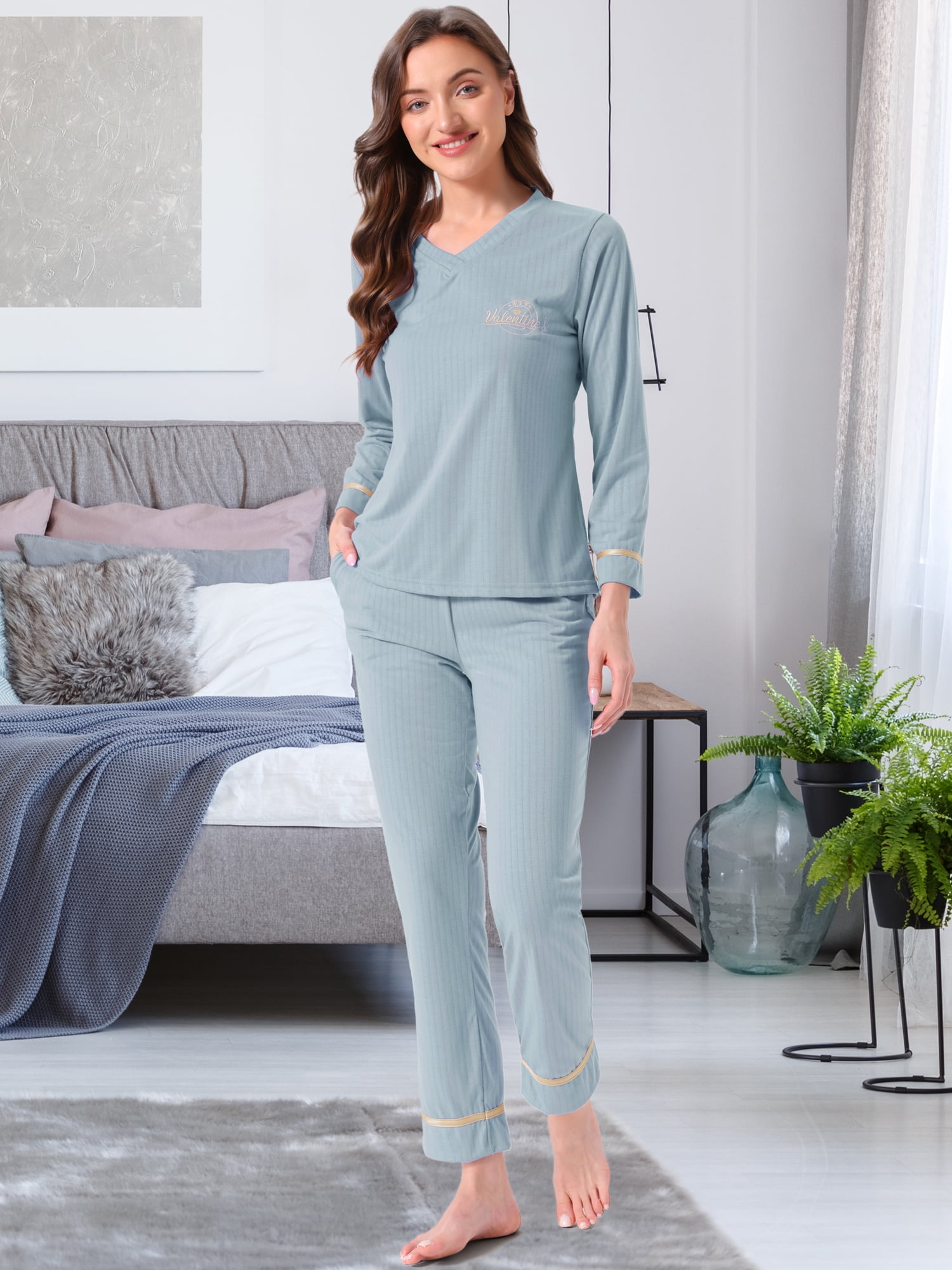 DARING DIVA Women's Cotton Ribbed Pullover V-neck Tops with Bottoms Pajama Sets S Blue