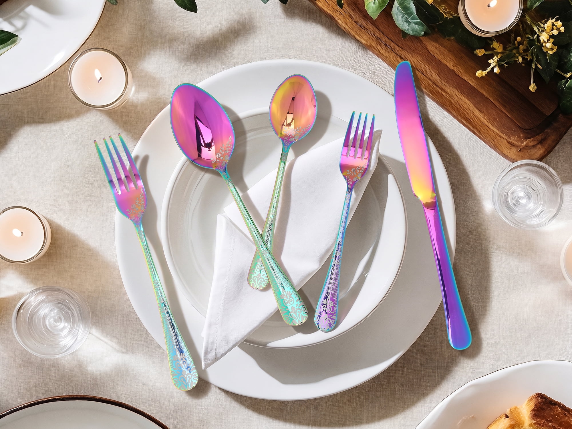 Unique Bargains 20 Piece Floral Stainless Steel Flatware Set for 4 Modern Cutlery Colorful